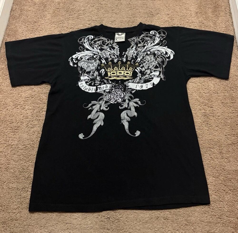 Avirex Large Graphic Print Size Large Black Short Sleeve Y2K